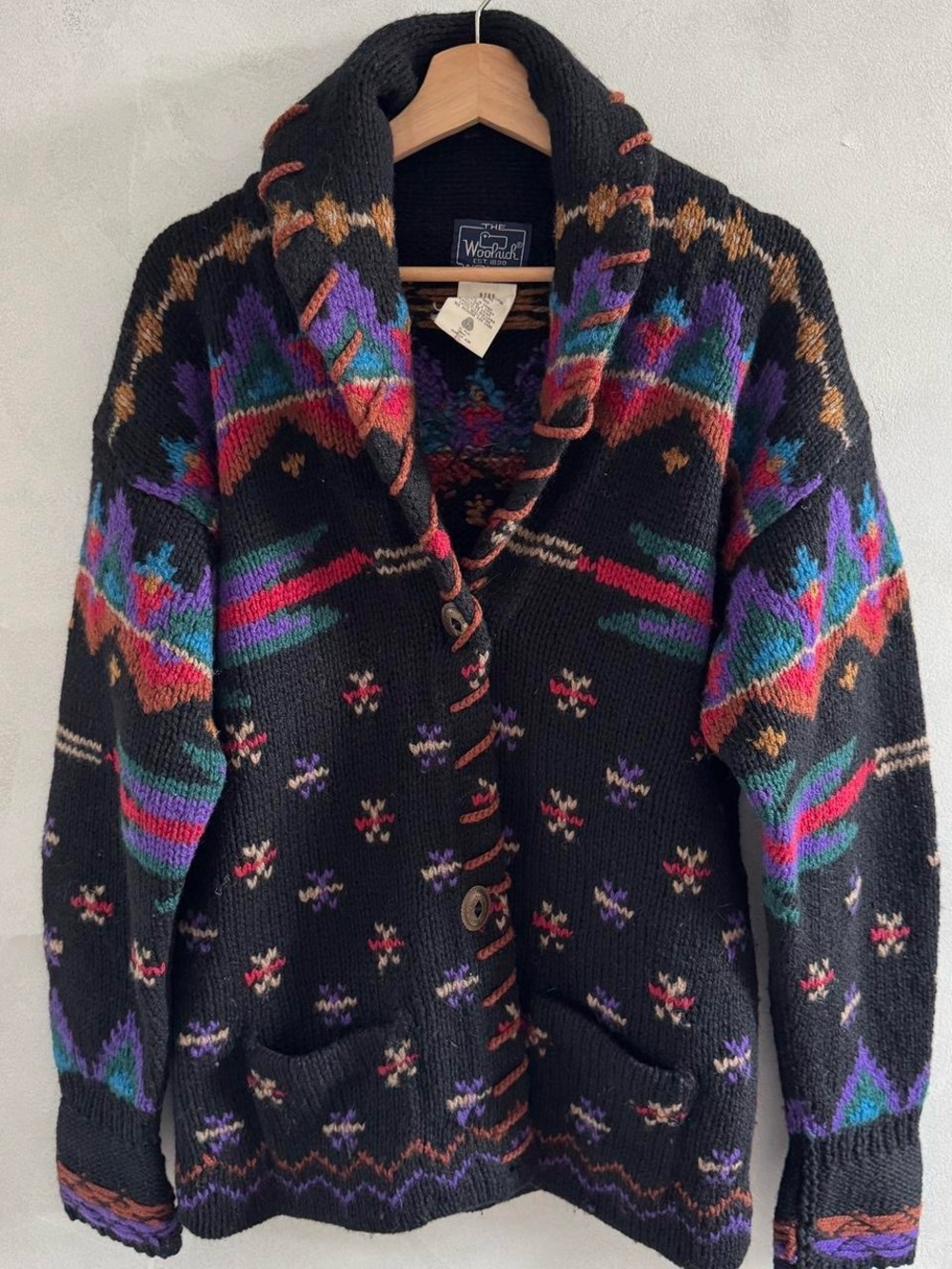 Vintage Woolrich Black Shawl Collar Patterned Wool Sweater Cardigan